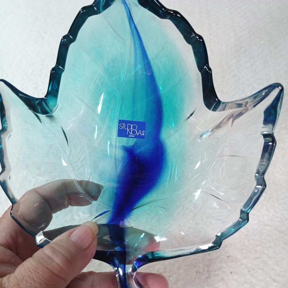 Studio Nova Cobalt Blue Green Maple Leaf Art Glass Dish Candy Trinket Holder - Picture 7 of 14
